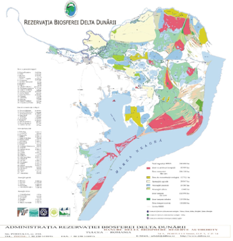 Harta Rezervației Biosferei Delta Dunării cu zonarea internă.